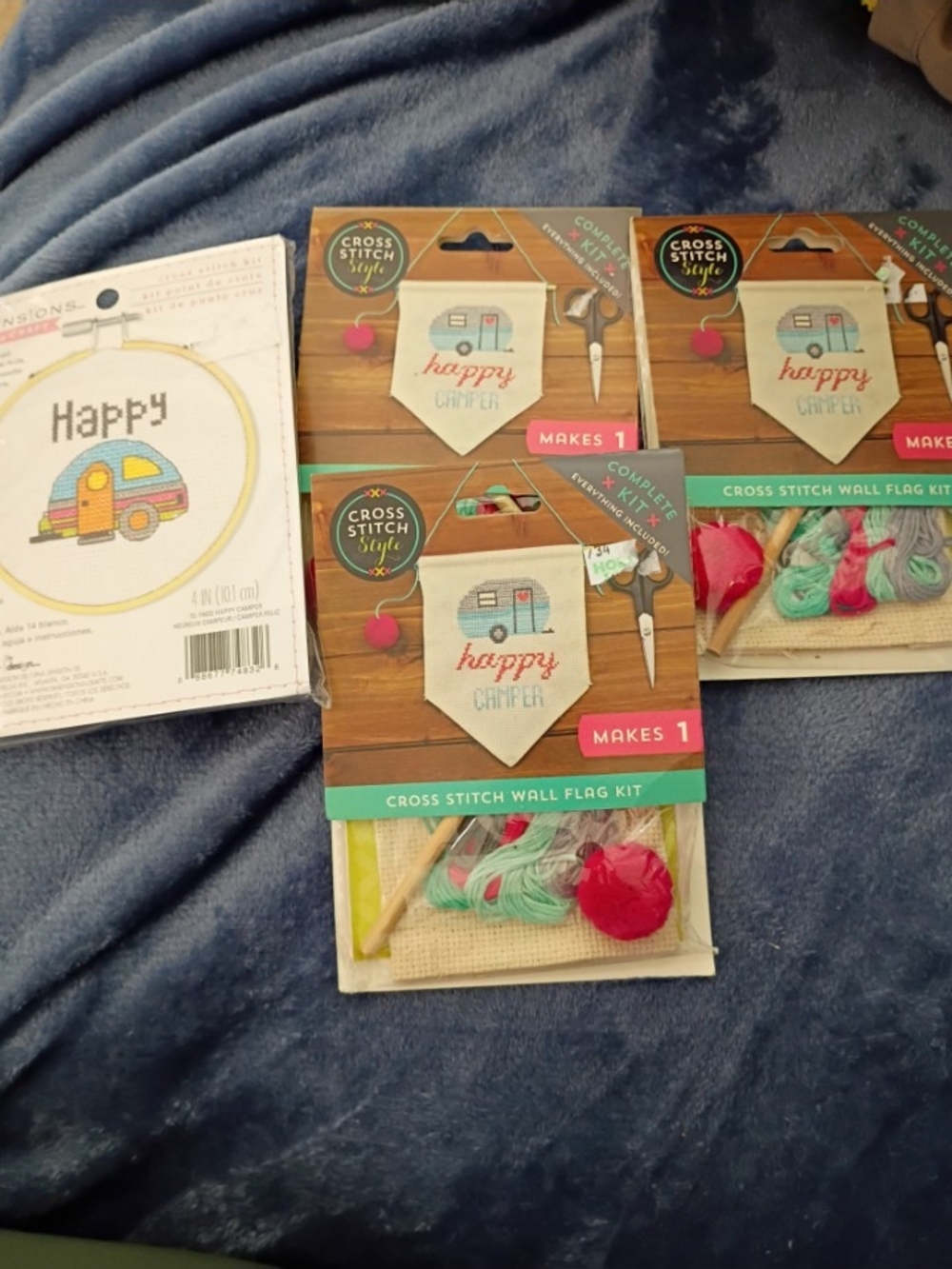Dimensions Cross stitch kit and 3 Cross stitch Style kits (Happy Camper)